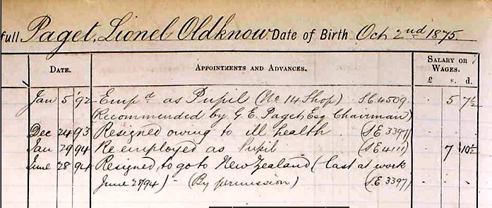 Lionel Paget employment for Railway